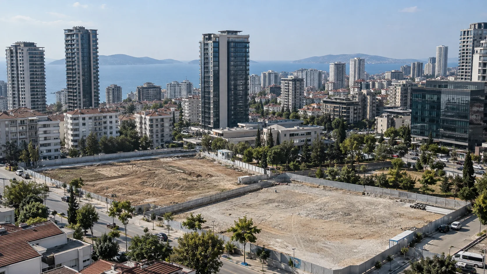İstanbul Kartal'da yapılaşmış bölgenin ortasında yer alan iki geniş proje arsası