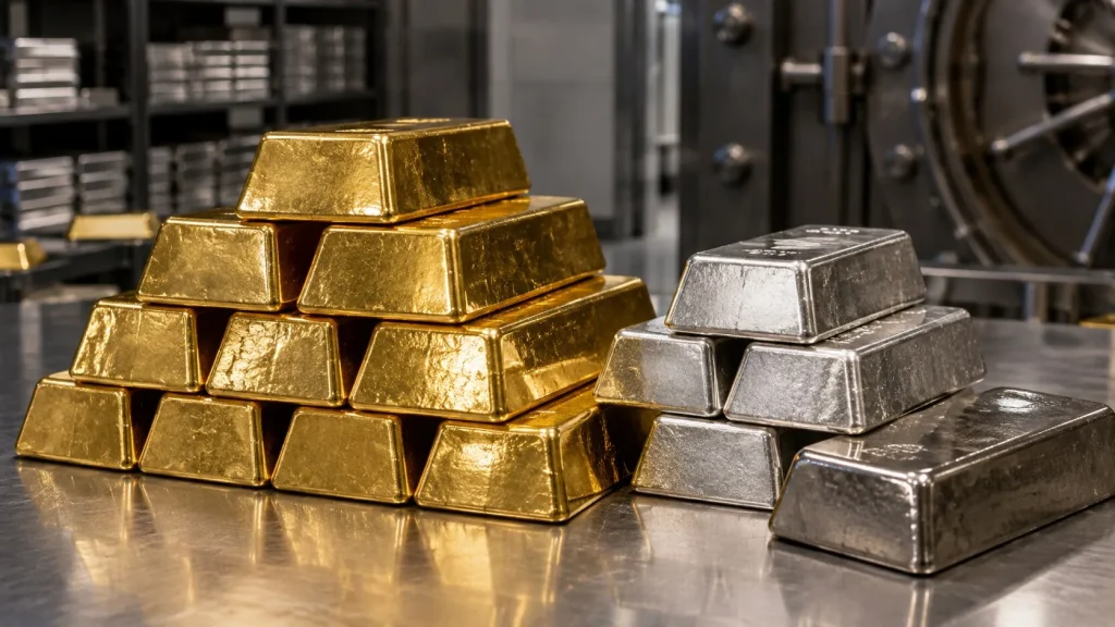 Metal masa üzerinde altın ve gümüş renkli değerli metal külçeleri