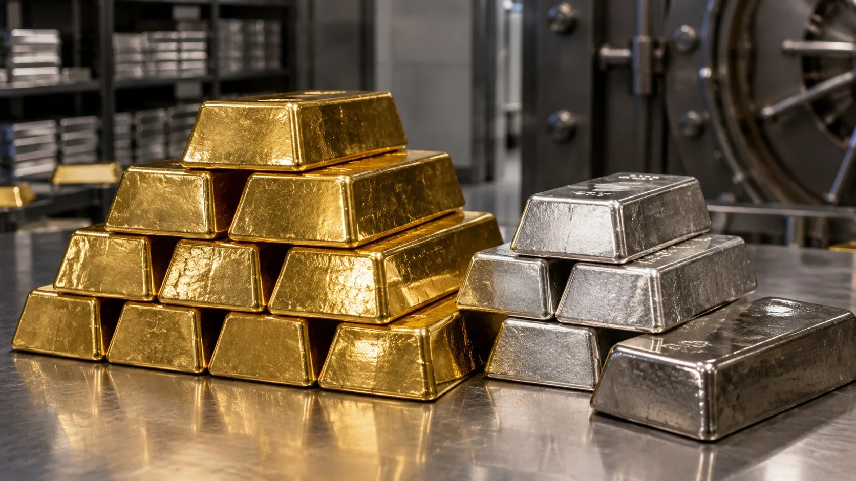 Metal masa üzerinde altın ve gümüş renkli değerli metal külçeleri