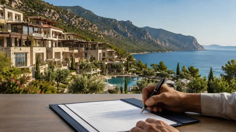 Marmaris kıyısındaki büyük bir termal tatil tesisi ve ön planda imzalanan satış sözleşmesi