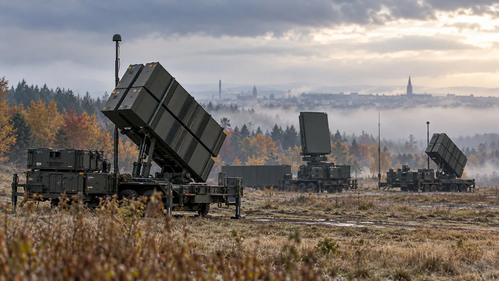 Sisli bir Avrupa arazisinde konuşlandırılmış hava savunma lançerleri ve radar aracı görülüyor.