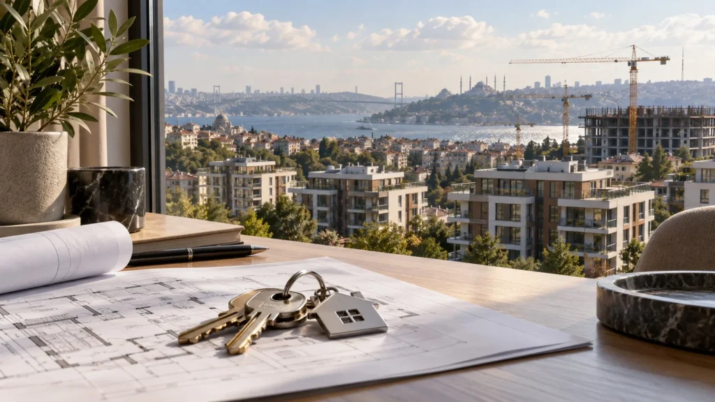 Boğaz manzaralı İstanbul konutlarının önündeki masada mimari plan ve ev anahtarları