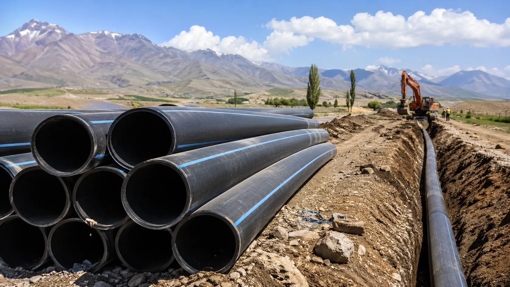 Erzurum’daki sulama projesi sahasında sıralanmış büyük HDPE borular