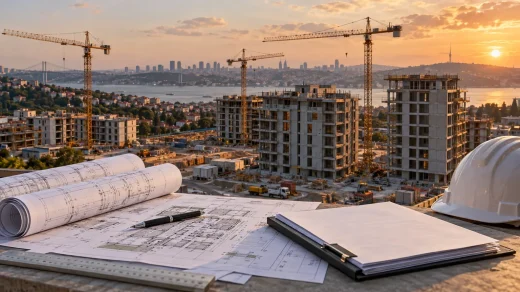 Modern konut şantiyesi önünde proje planları ve finansman dosyası