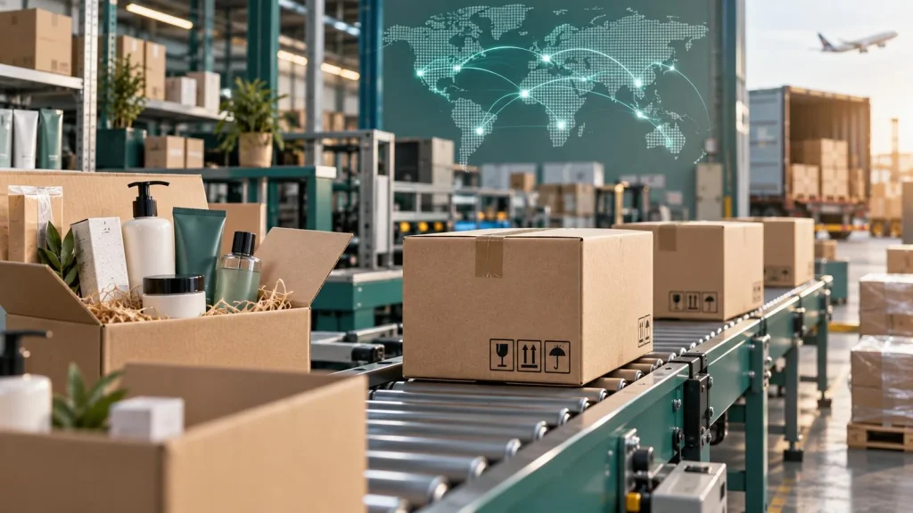 Uluslararası e-ticaret sevkiyatı için hazırlanan ürünler ve paketleme hattı