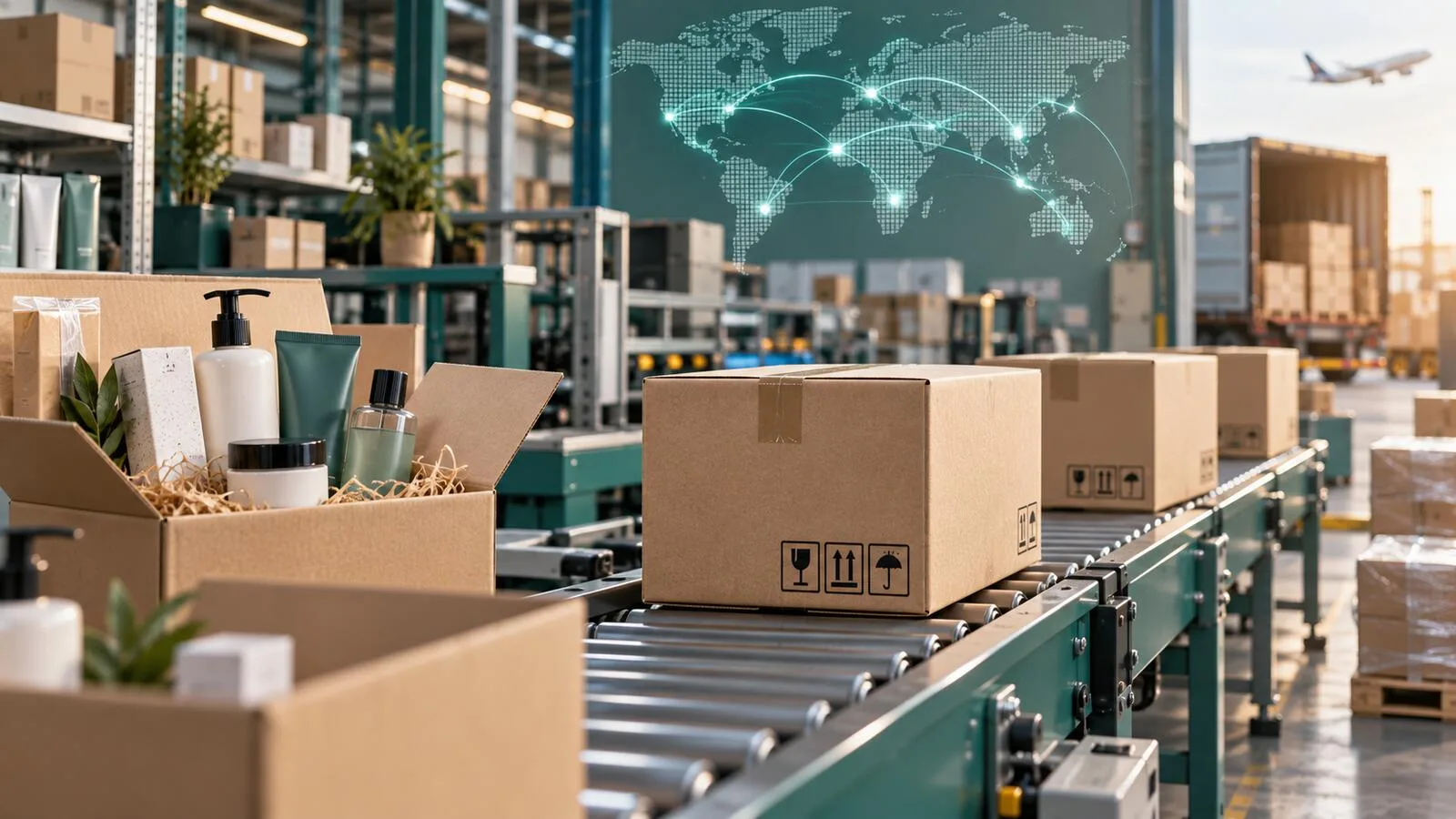 Uluslararası e-ticaret sevkiyatı için hazırlanan ürünler ve paketleme hattı