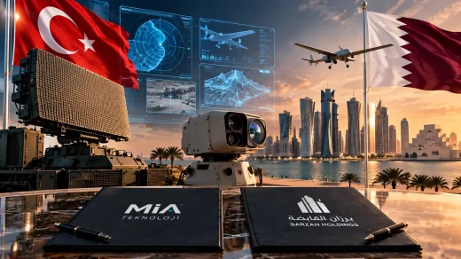 MİA Teknoloji ile Barzan Holdings arasındaki Katar savunma teknolojileri iş birliğini temsil eden radar ve elektro-op…