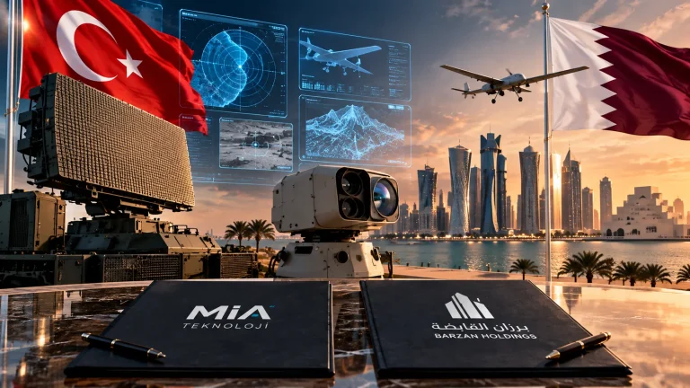 MİA Teknoloji ile Barzan Holdings arasındaki Katar savunma teknolojileri iş birliğini temsil eden radar ve elektro-op…
