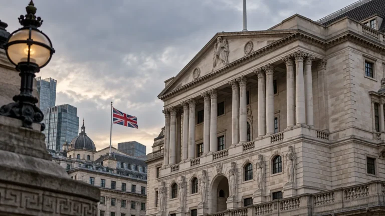 Londra’da İngiltere Merkez Bankası’nın taş sütunlu binası önünde Union Jack bayrağı
