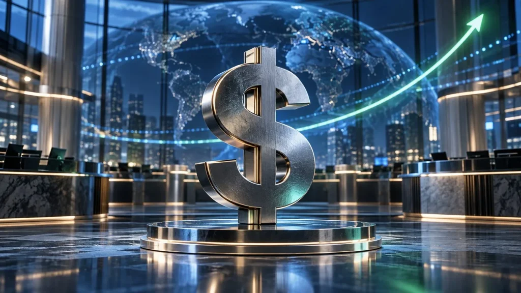 Küresel döviz piyasasında yükseliş beklentisini simgeleyen metal dolar işareti