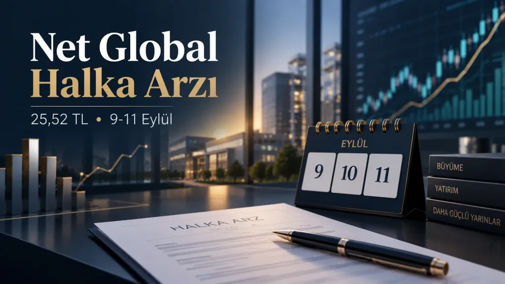 Net Global halka arzında 9-11 Eylül talep toplama tarihleri ve 25,52 TL sabit fiyatı anlatan finans temalı görsel.