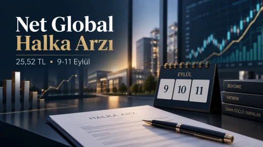 Net Global halka arzında 9-11 Eylül talep toplama tarihleri ve 25,52 TL sabit fiyatı anlatan finans temalı görsel.