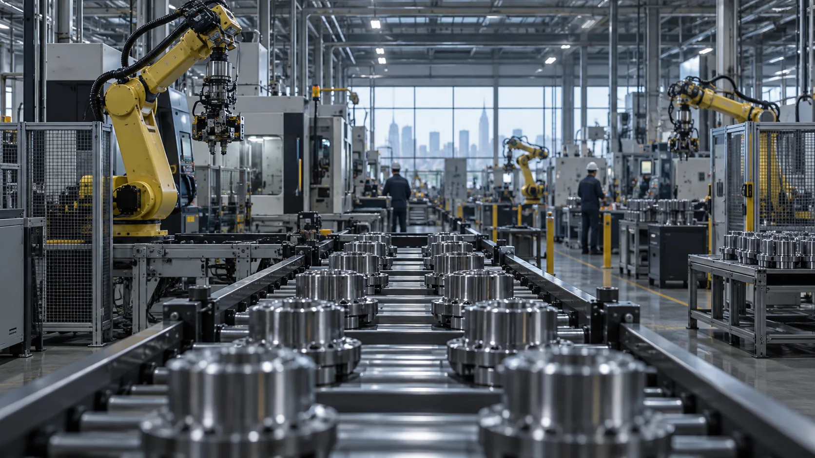 Robot kolları, metal parçalar ve uzaktaki çalışanların bulunduğu modern üretim hattı