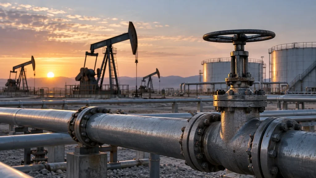 Gün doğumunda petrol pompaları ve sabit konumdaki endüstriyel vana