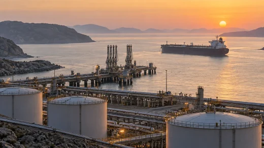 Deniz terminalindeki ham petrol depolama tankları ve açıkta bekleyen petrol tankeri