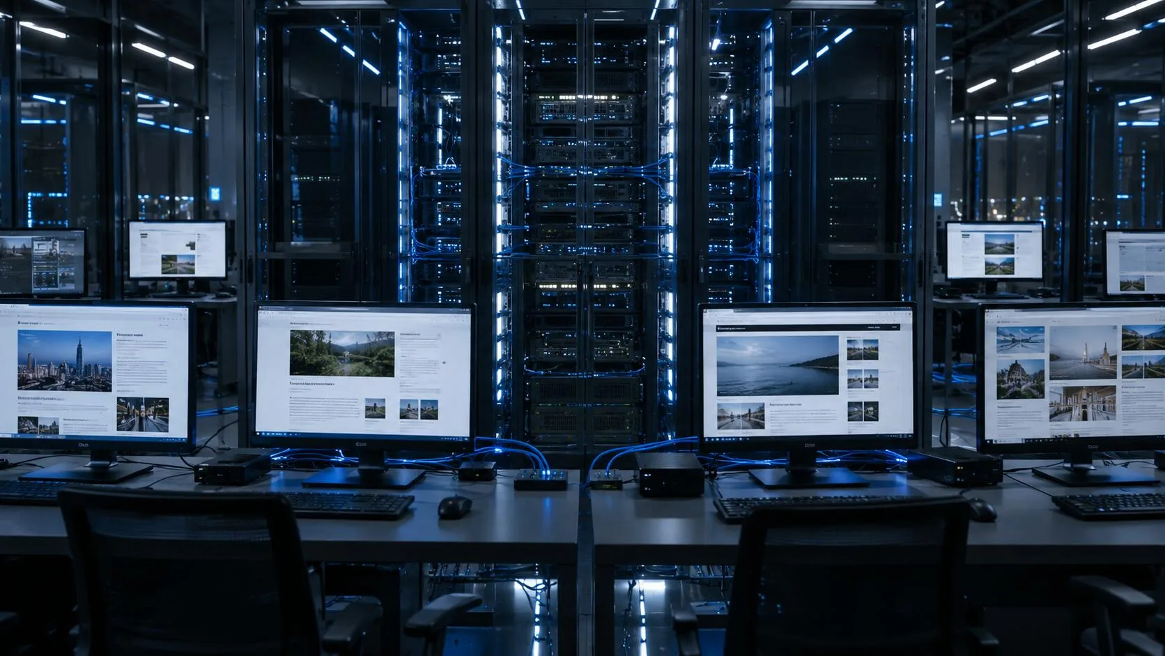 Sunucu odasında farklı internet sayfaları açık bilgisayar ekranları ve ağ kabloları