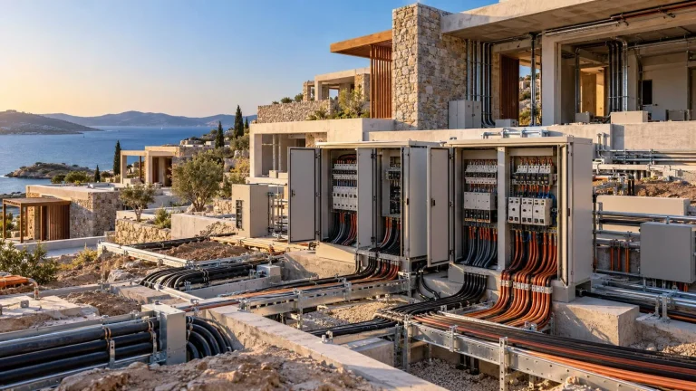 Bodrum’daki otel şantiyesinde elektrik panoları ve güç kabloları