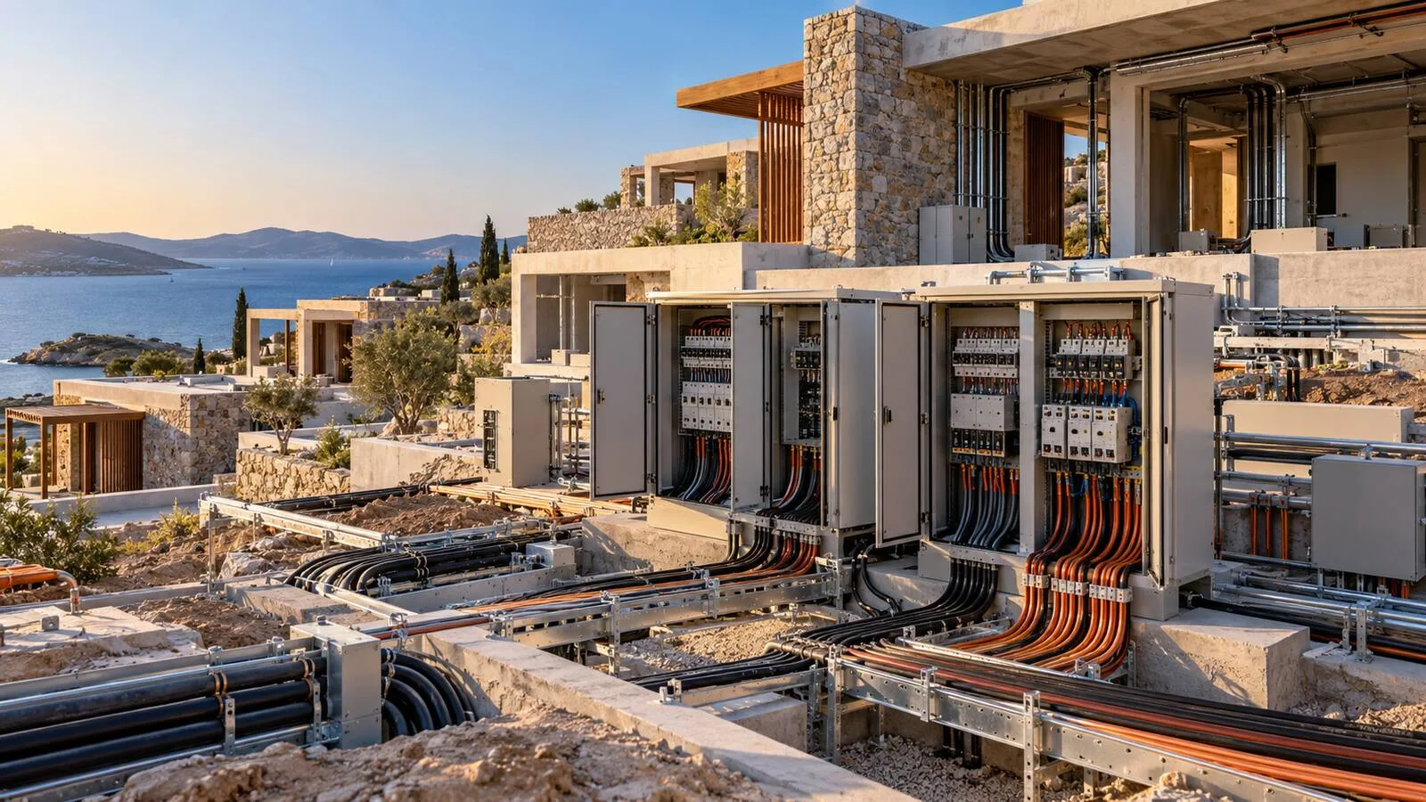 Bodrum’daki otel şantiyesinde elektrik panoları ve güç kabloları