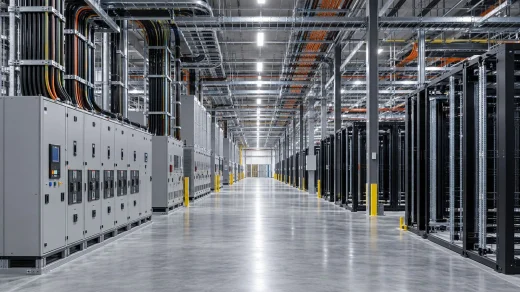 Yapımı süren büyük bir veri merkezindeki elektrik panoları ve kablo altyapısı