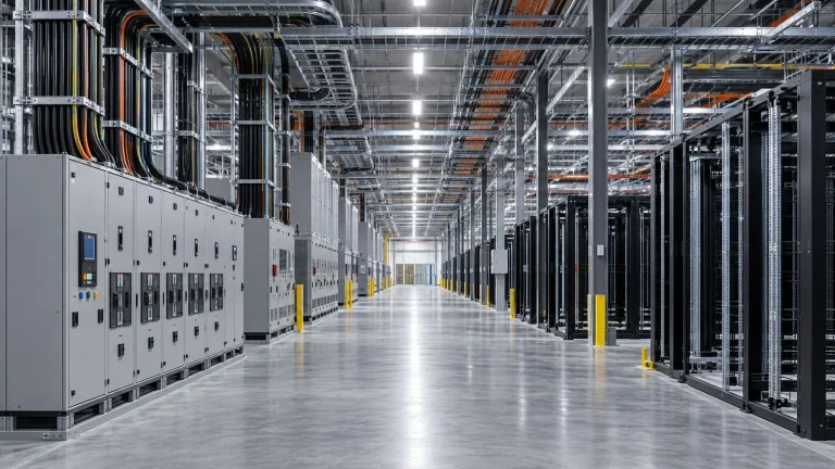 Yapımı süren büyük bir veri merkezindeki elektrik panoları ve kablo altyapısı