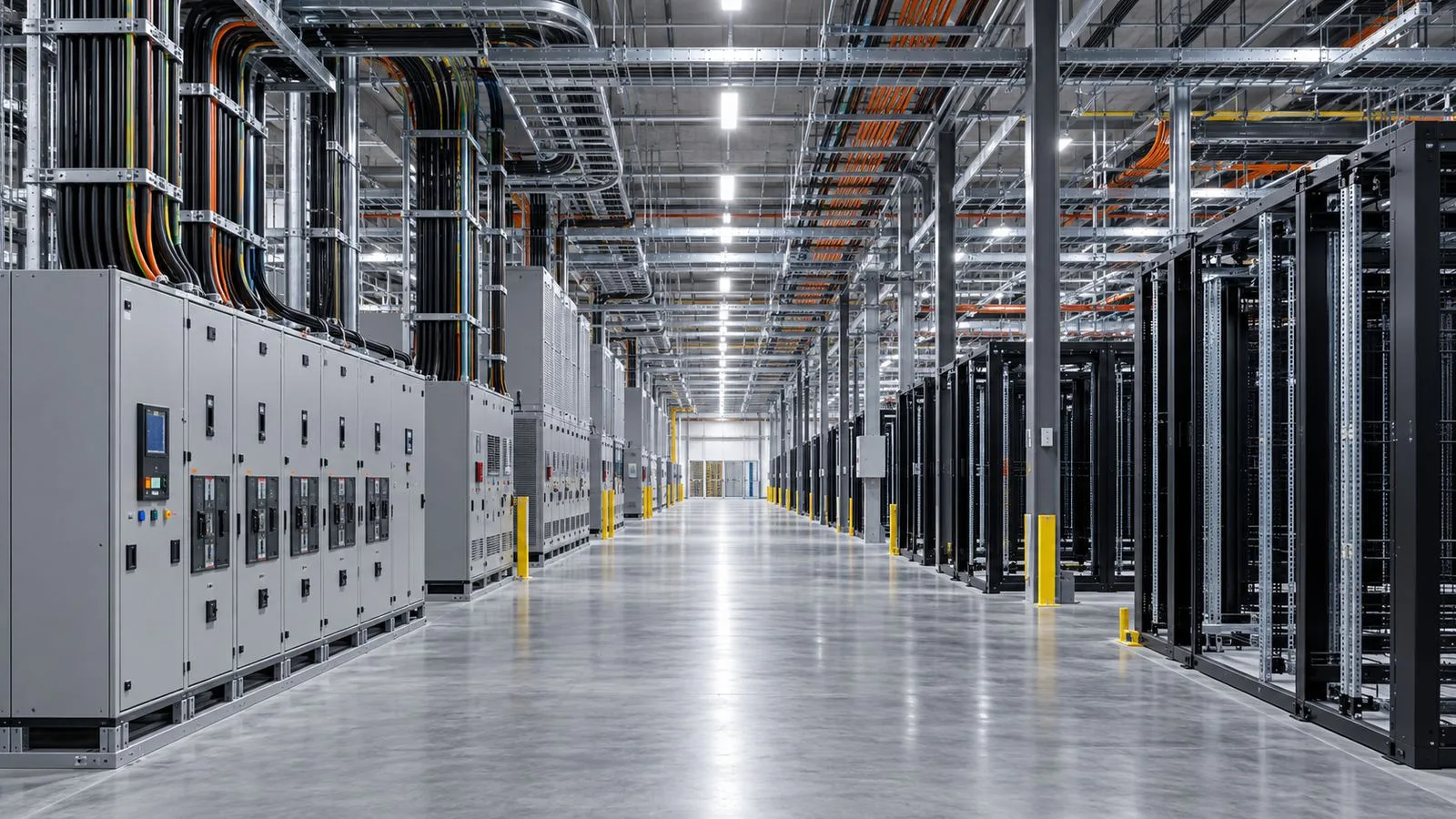 Yapımı süren büyük bir veri merkezindeki elektrik panoları ve kablo altyapısı