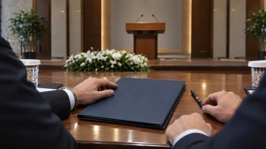 Ankara'daki ekonomi toplantısında OVP dosyasını inceleyen katılımcıların elleri ve boş kürsü