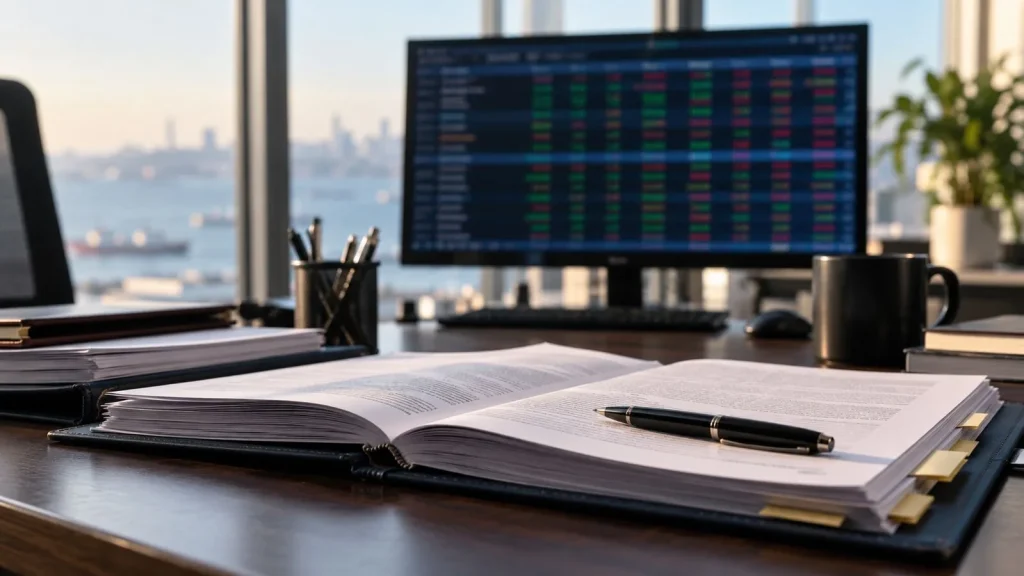 Finansal uyum masasında incelenen dosya ve arka planda flu piyasa izleme ekranı