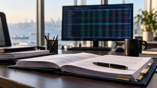 Finansal uyum masasında incelenen dosya ve arka planda flu piyasa izleme ekranı