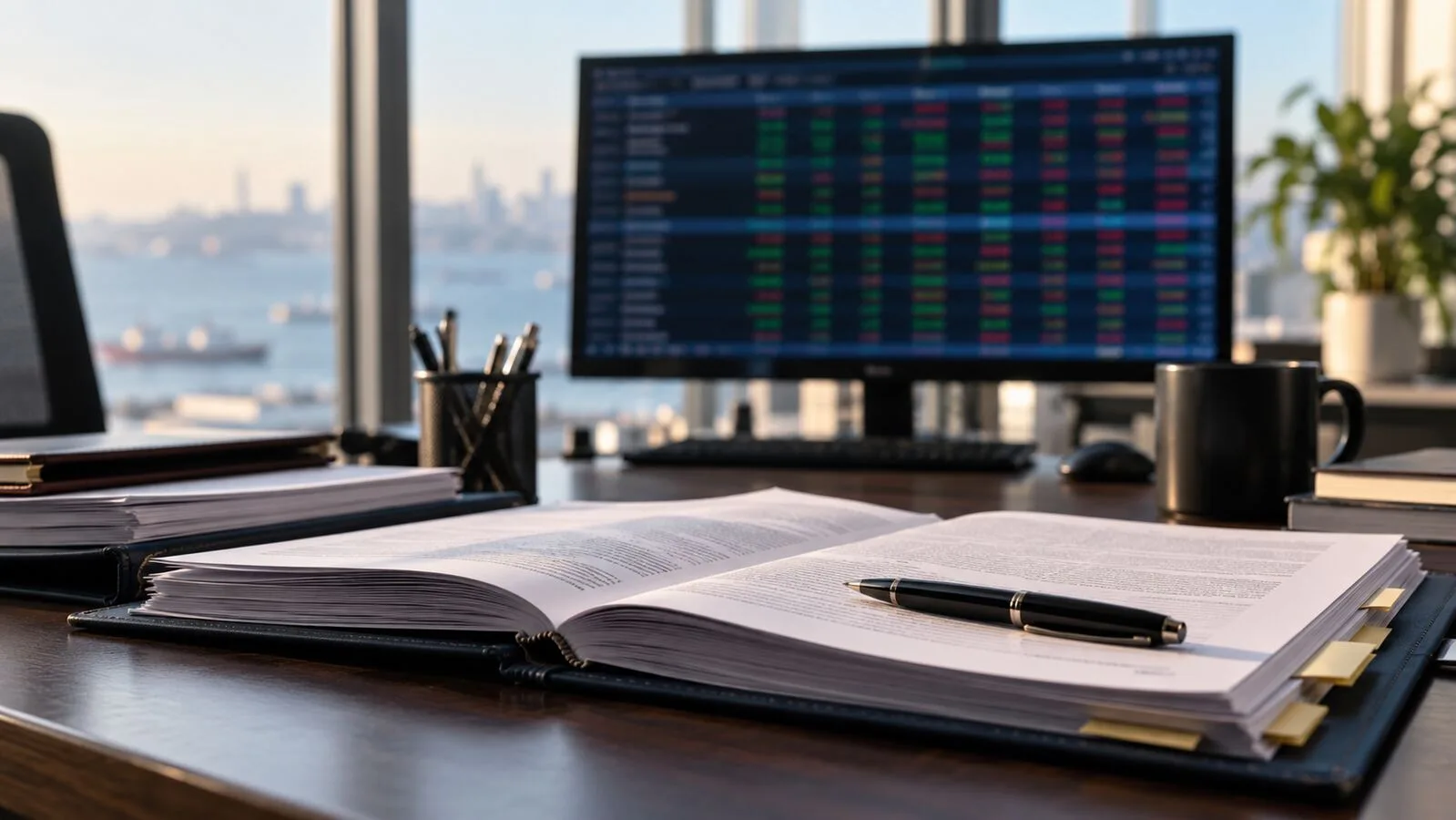 Finansal uyum masasında incelenen dosya ve arka planda flu piyasa izleme ekranı