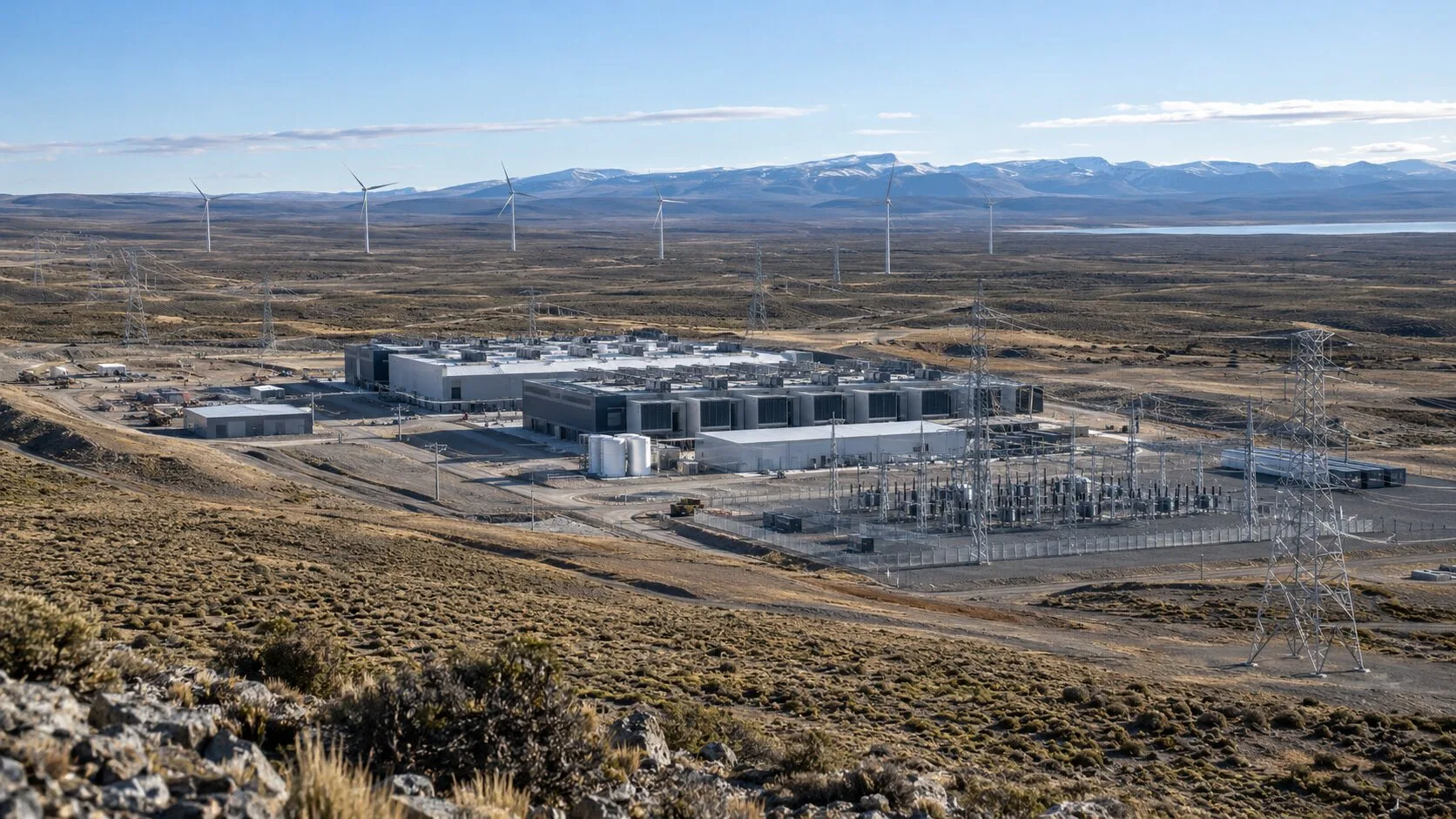 Patagonya bozkırında rüzgâr türbinleri ve uzakta veri merkezi tesisini gösteren foto-gerçekçi görünüm