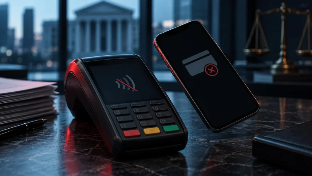 Elektronik para faaliyet izninin iptalini simgeleyen ödeme terminali ve mobil cüzdan