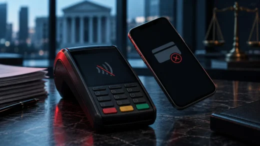 Elektronik para faaliyet izninin iptalini simgeleyen ödeme terminali ve mobil cüzdan
