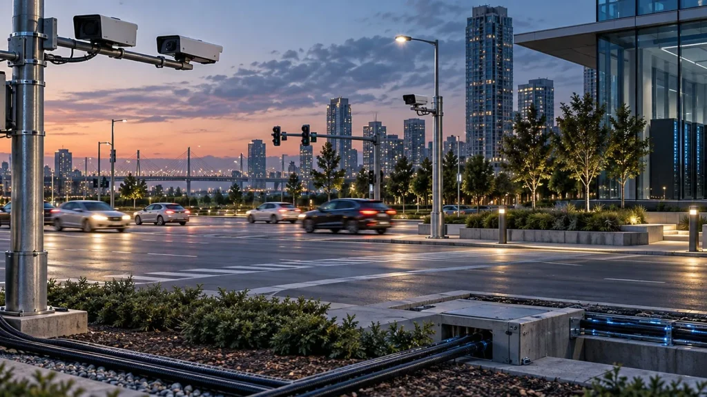 Kent güvenliği altyapısındaki markasız yol kameraları ve ağ ekipmanları