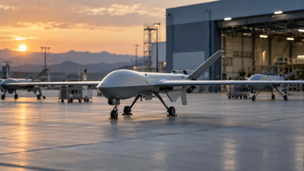 Hangar yakınındaki test alanında markasız insansız hava araçları