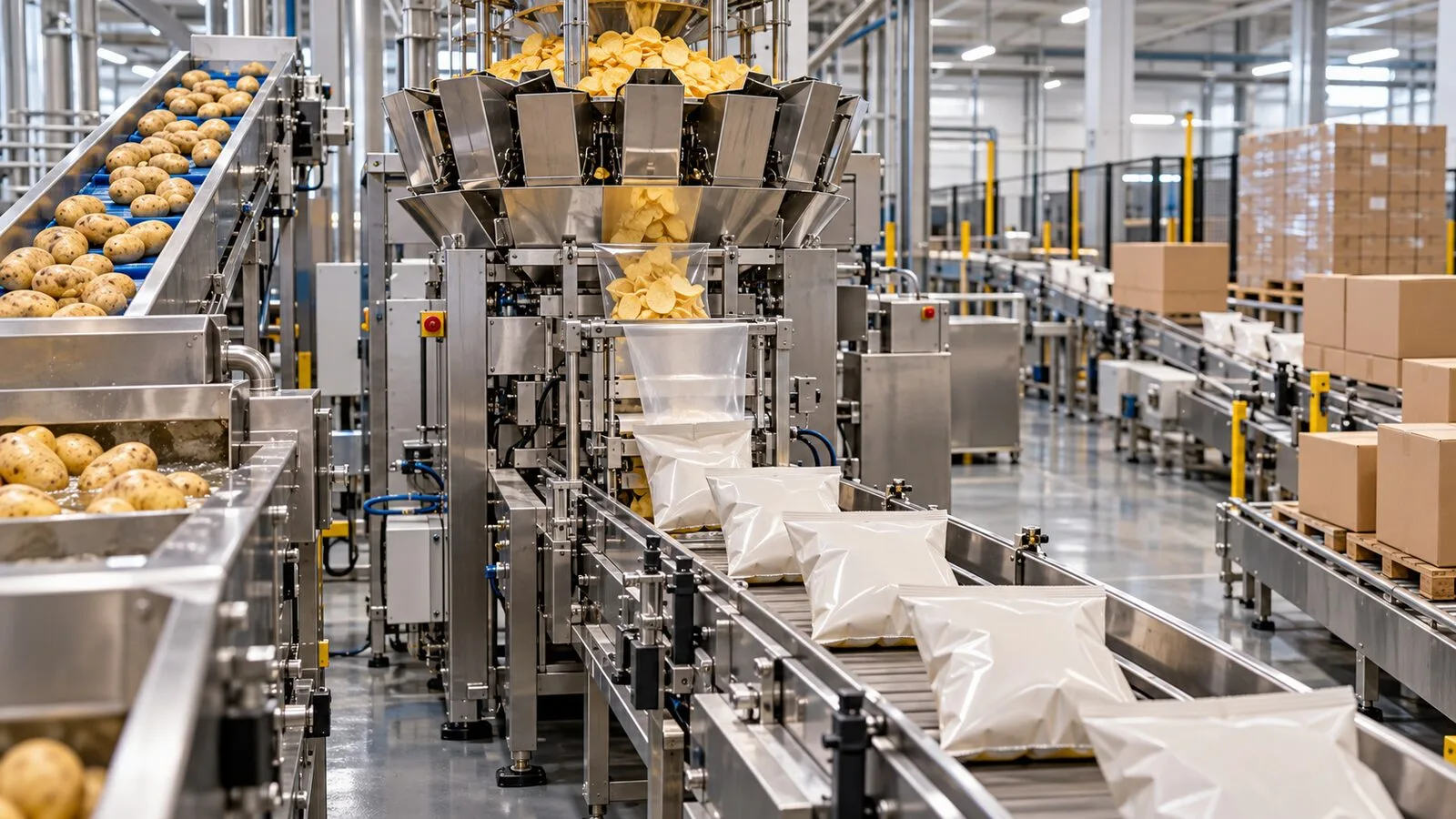 Patates ürünlerinin işlendiği modern bir gıda üretim ve paketleme tesisi
