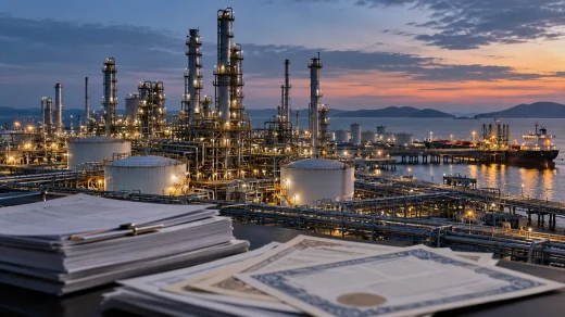 Kıyıdaki petrokimya tesisi ve borçlanma belgelerinin temsili