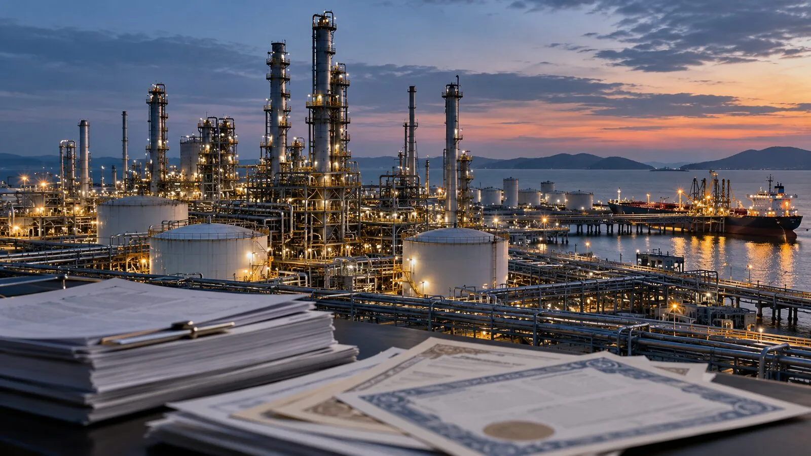 Kıyıdaki petrokimya tesisi ve borçlanma belgelerinin temsili