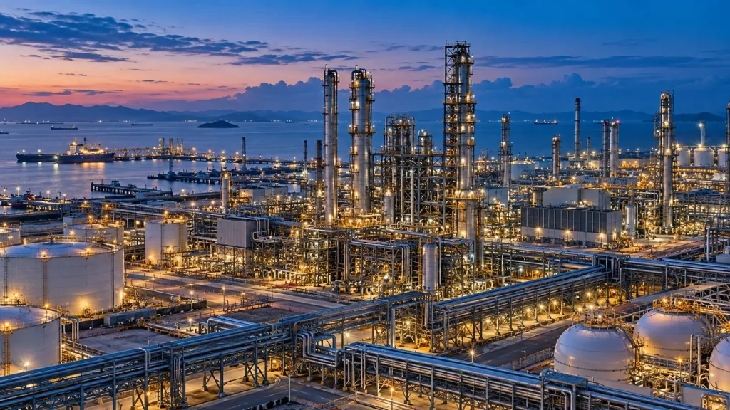 Boru hatları ve üretim üniteleri bulunan büyük petrokimya tesisi