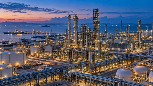 Boru hatları ve üretim üniteleri bulunan büyük petrokimya tesisi