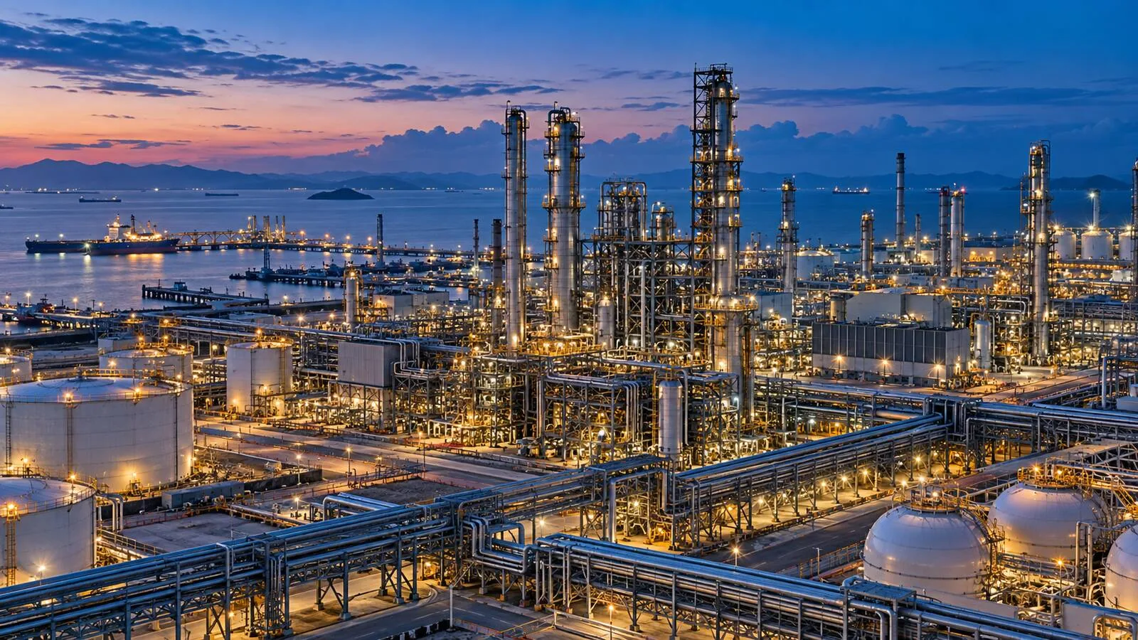 Boru hatları ve üretim üniteleri bulunan büyük petrokimya tesisi