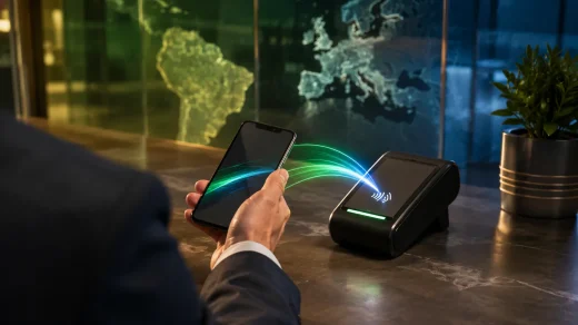 Avrupa ile Brezilya arasındaki dijital ödeme bağlantısını anlatan telefon ve temassız ödeme terminali