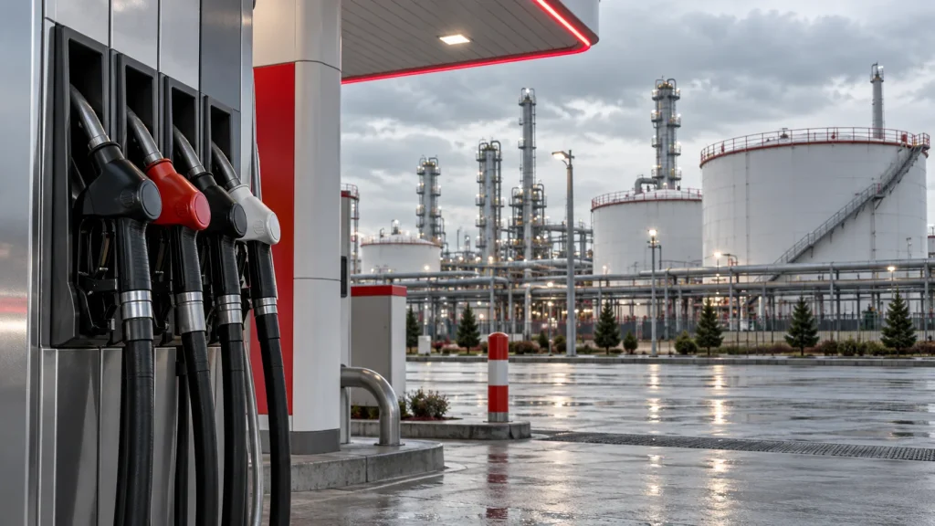 Akaryakıt pompalarının arkasında petrol depolama tanklarının görüldüğü Polonya'daki enerji tesisi