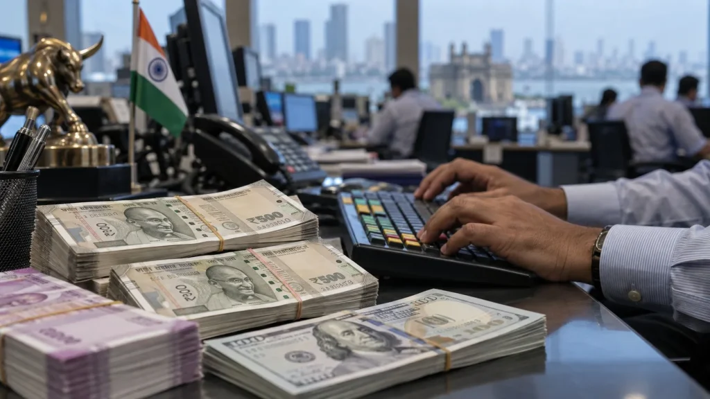 Rupi ve dolar banknotlarının yanında işlem klavyesini kullanan bir piyasa çalışanının elleri