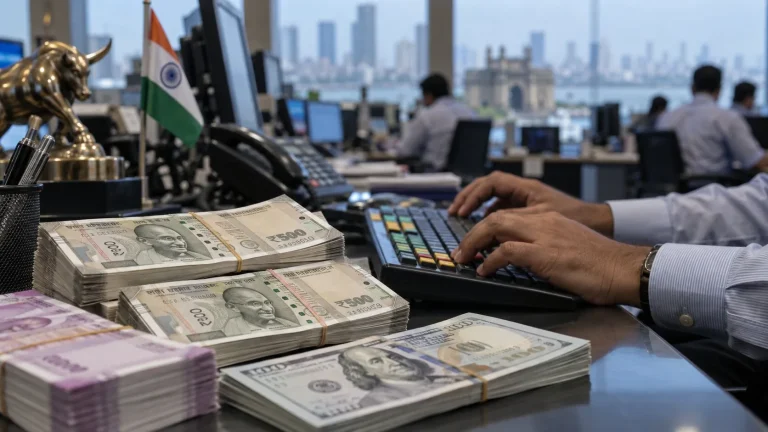Rupi ve dolar banknotlarının yanında işlem klavyesini kullanan bir piyasa çalışanının elleri