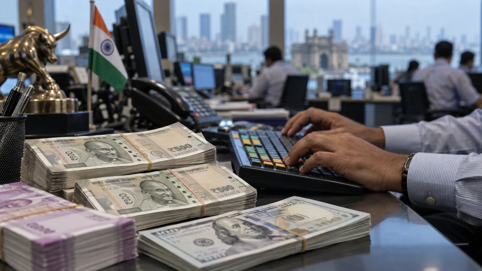 Rupi ve dolar banknotlarının yanında işlem klavyesini kullanan bir piyasa çalışanının elleri