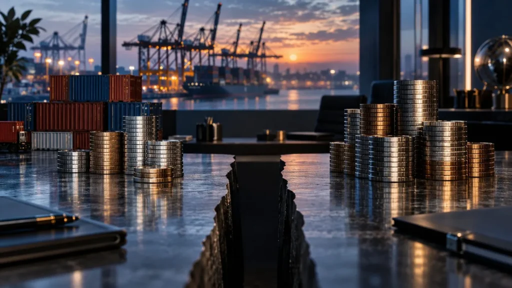 Liman ve şirket finansmanını simgeleyen iki yana ayrılmış metal varlık yığınları
