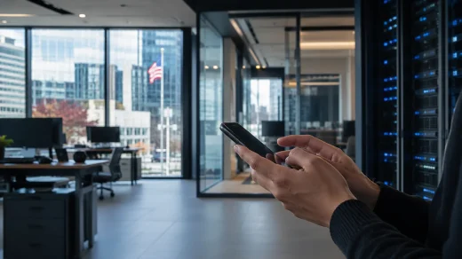Stamford kentinde modern bir dijital banka ofisi ve mobil bankacılık kullanan eller