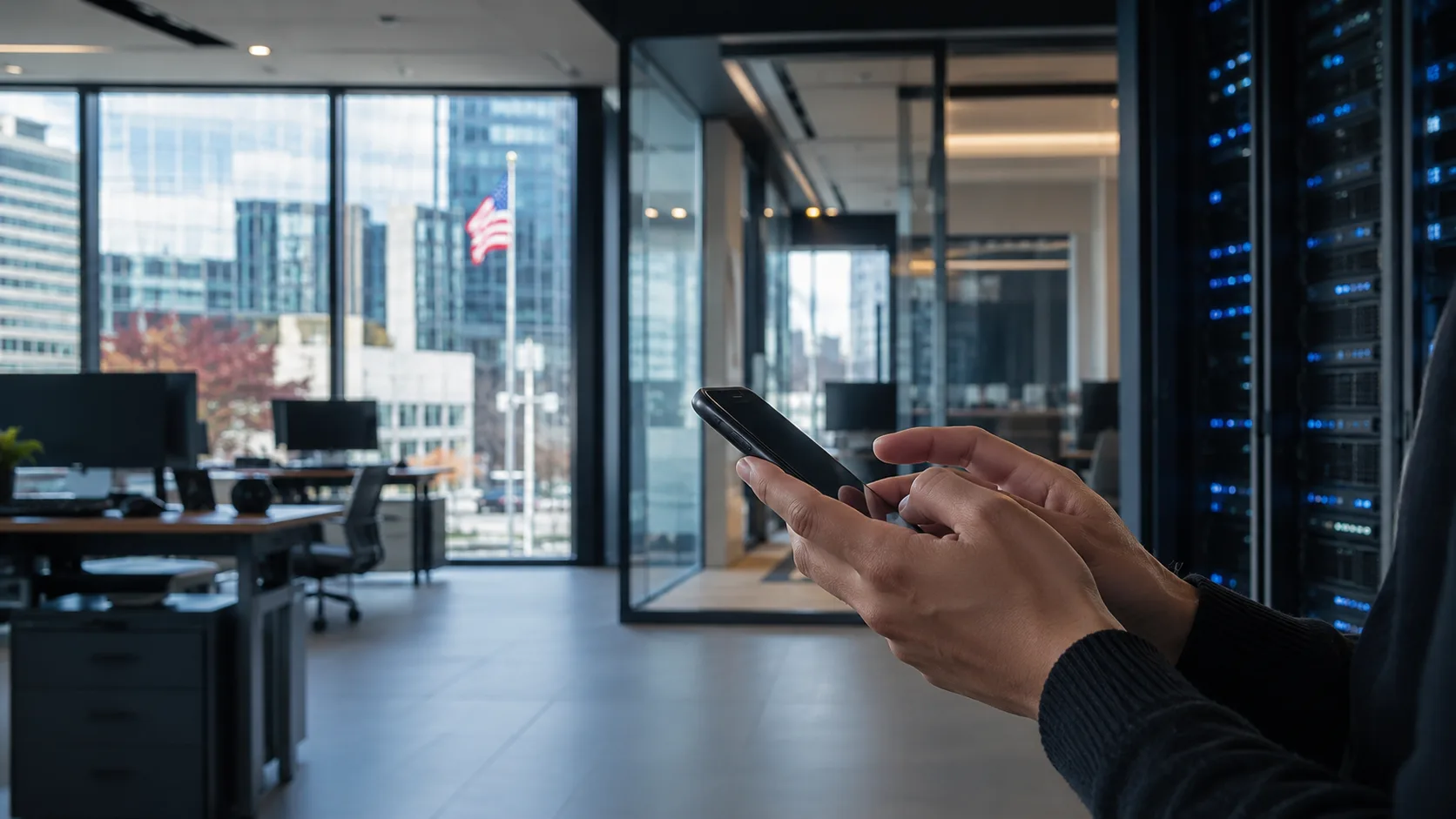 Stamford kentinde modern bir dijital banka ofisi ve mobil bankacılık kullanan eller
