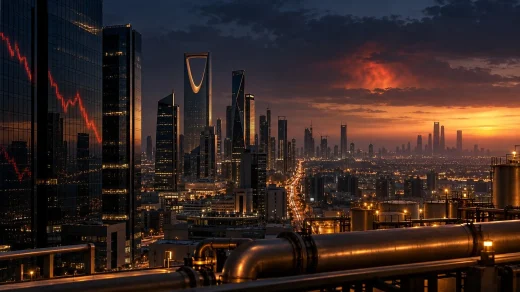 Riyad finans merkezi önünde düşen piyasa grafiği ve enerji altyapısını simgeleyen boru hatları