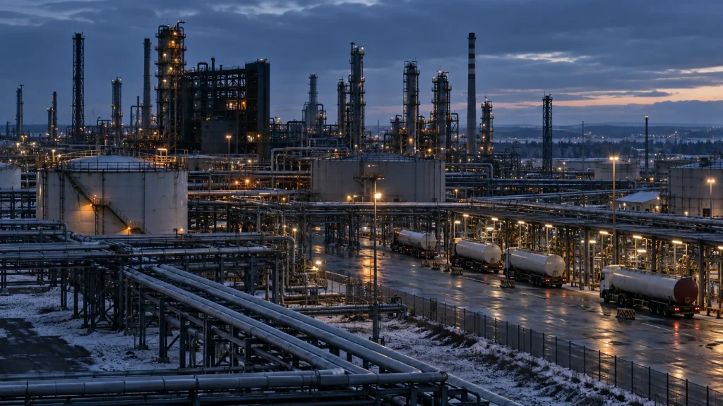 Karlı endüstri bölgesindeki petrol rafinerisi, boru hatları, depolama tankları ve yakıt tankerleri